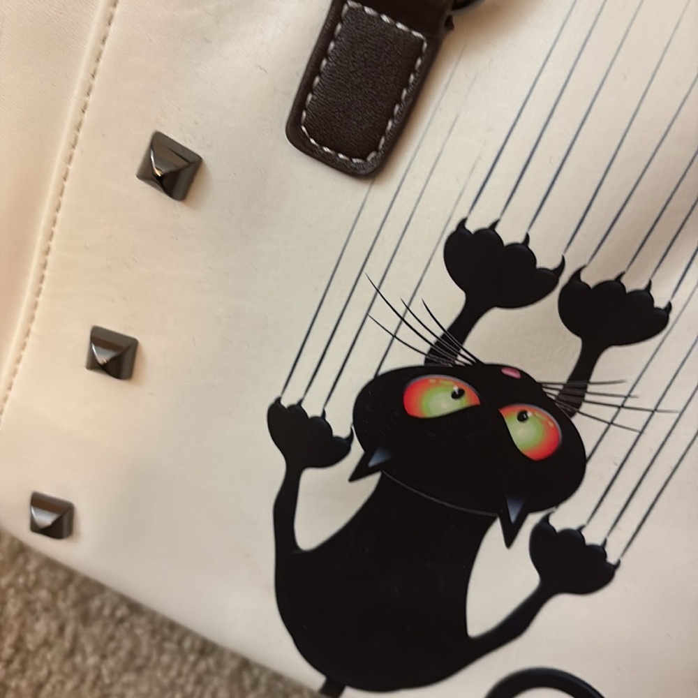 Black & White Cat Studded Handbag Purse w/ Brown Handles - Picture 5 of 10